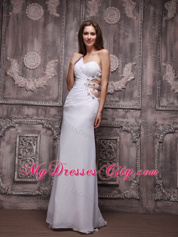 Sexy White Beading One Shoulder Prom Dress with Side Cut Out