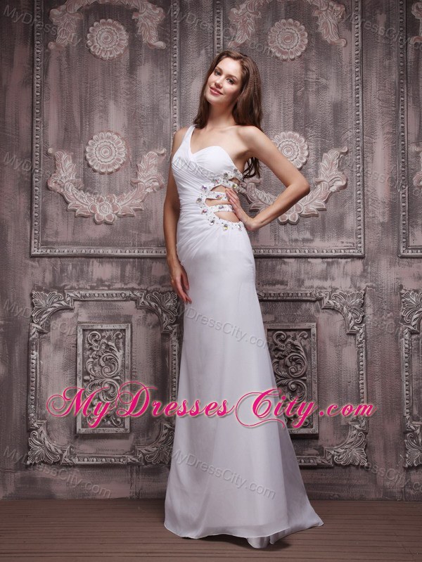 Sexy White Beading One Shoulder Prom Dress with Side Cut Out