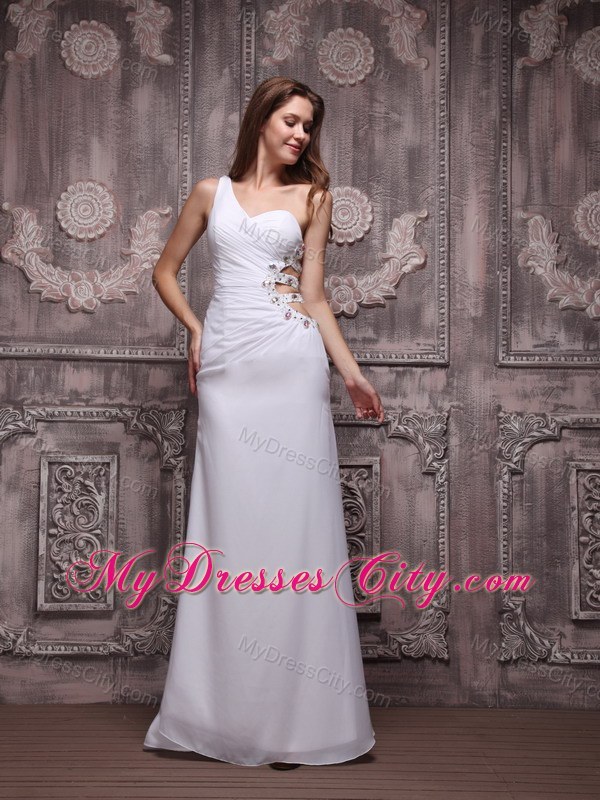 Sexy White Beading One Shoulder Prom Dress with Side Cut Out