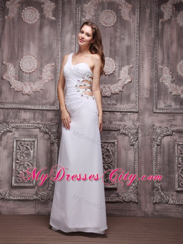 Sexy White Beading One Shoulder Prom Dress with Side Cut Out