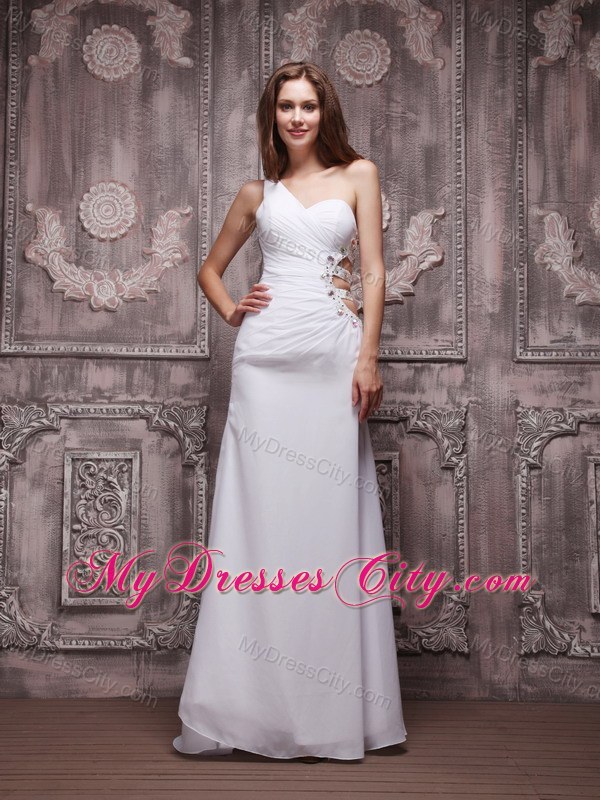 Sexy White Beading One Shoulder Prom Dress with Side Cut Out