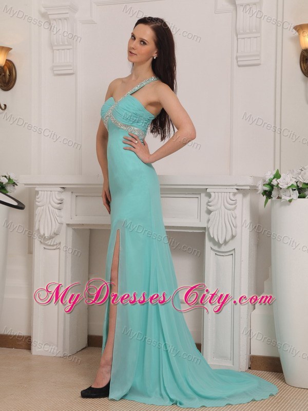 Column One Shoulder Brush Train Chiffon Beading Prom Dress