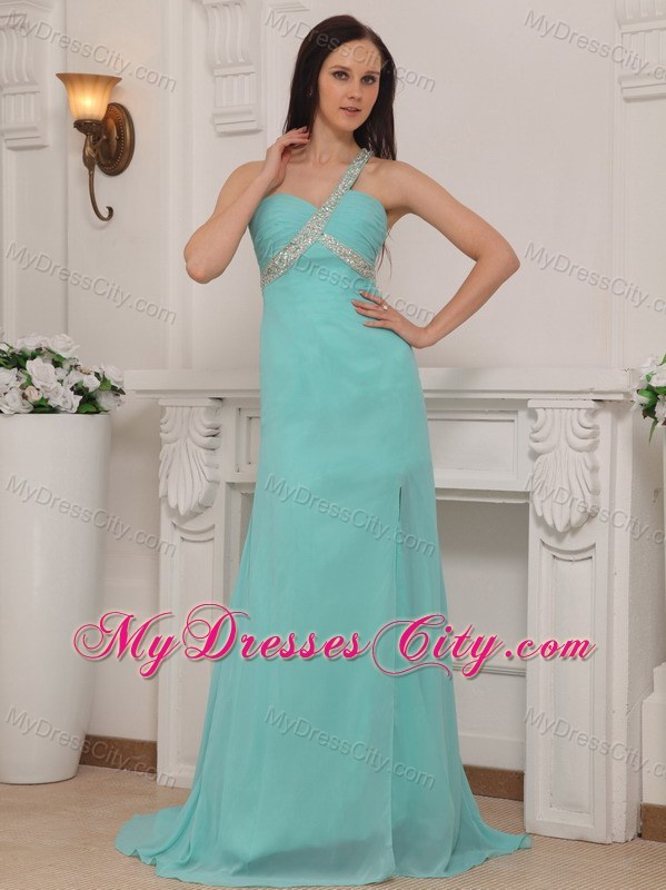 Column One Shoulder Brush Train Chiffon Beading Prom Dress