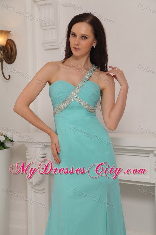 Column One Shoulder Brush Train Chiffon Beading Prom Dress