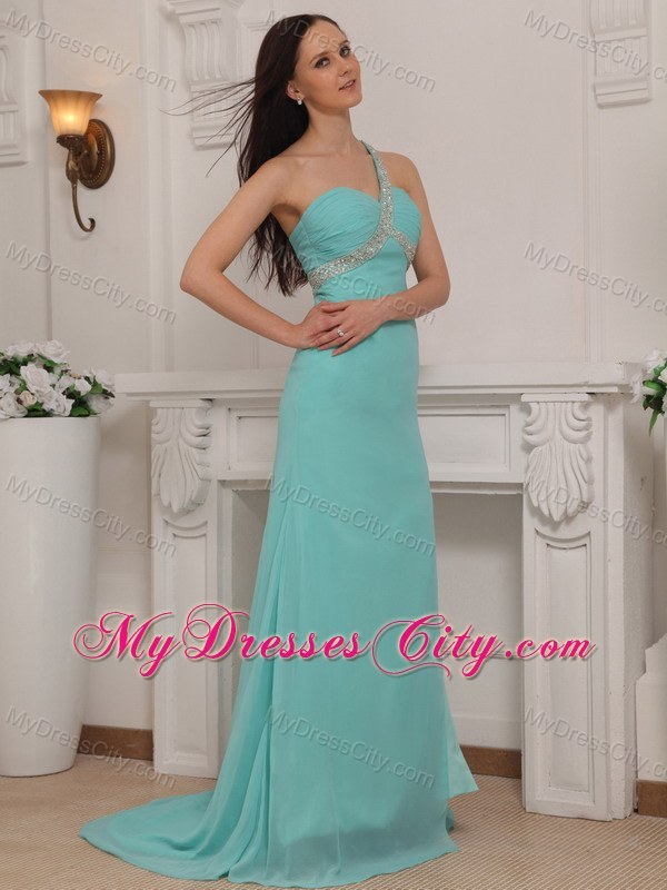 Column One Shoulder Brush Train Chiffon Beading Prom Dress