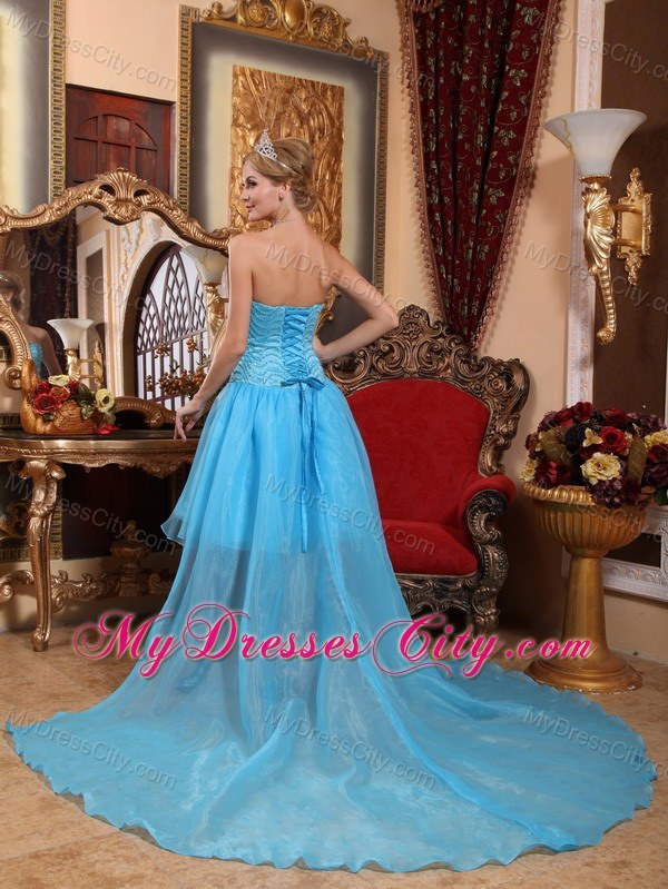 Aqua A-line Sweetheart High-low Brush Train Beaded Prom Dress