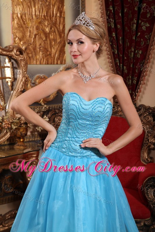 Aqua A-line Sweetheart High-low Brush Train Beaded Prom Dress