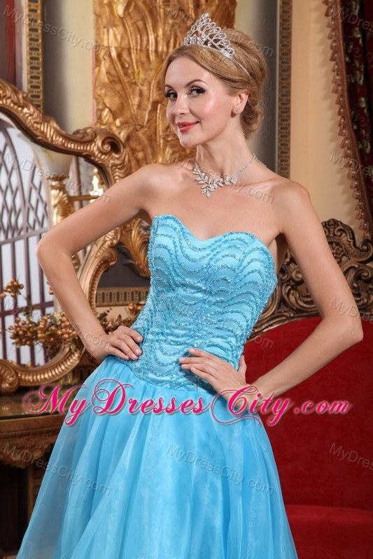 Aqua A-line Sweetheart High-low Brush Train Beaded Prom Dress