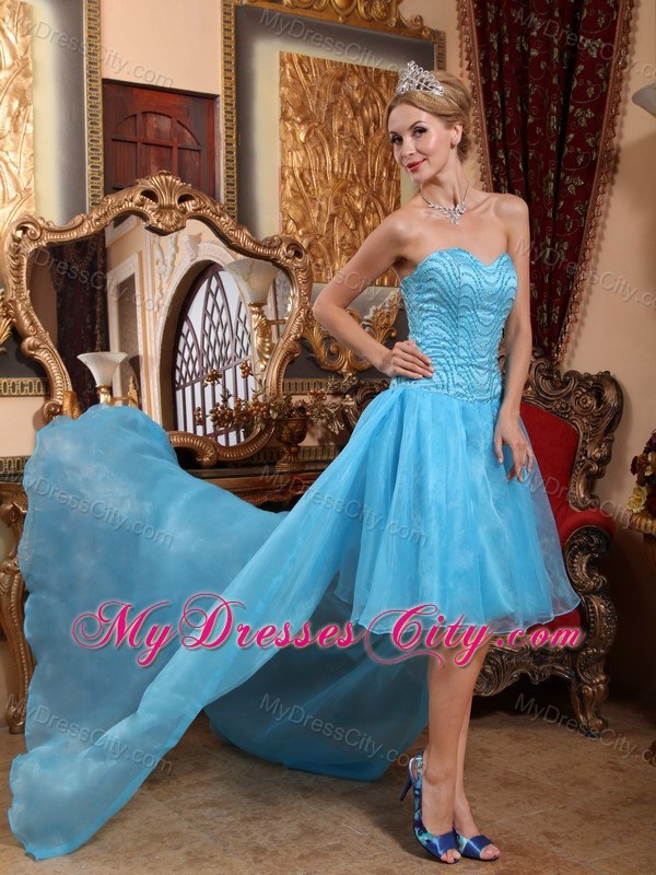 Aqua A-line Sweetheart High-low Brush Train Beaded Prom Dress