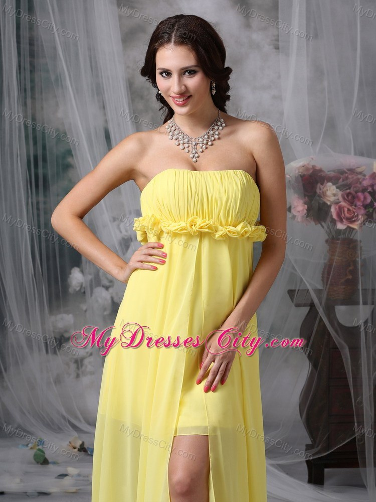 Lovely Yellow Sheath High-low Prom Dress with Hand Made Flower