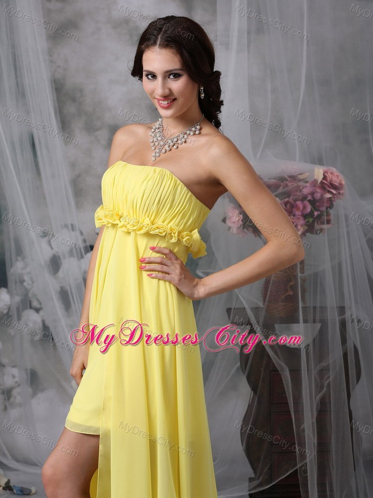 Lovely Yellow Sheath High-low Prom Dress with Hand Made Flower