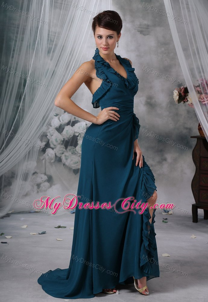 High Slit Backless Brush Train Prom Dress for Formal Evening