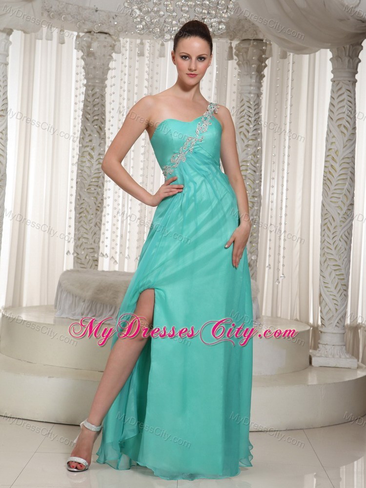 Customize Turquoise One-shoulder High Slit Prom Dress For Party