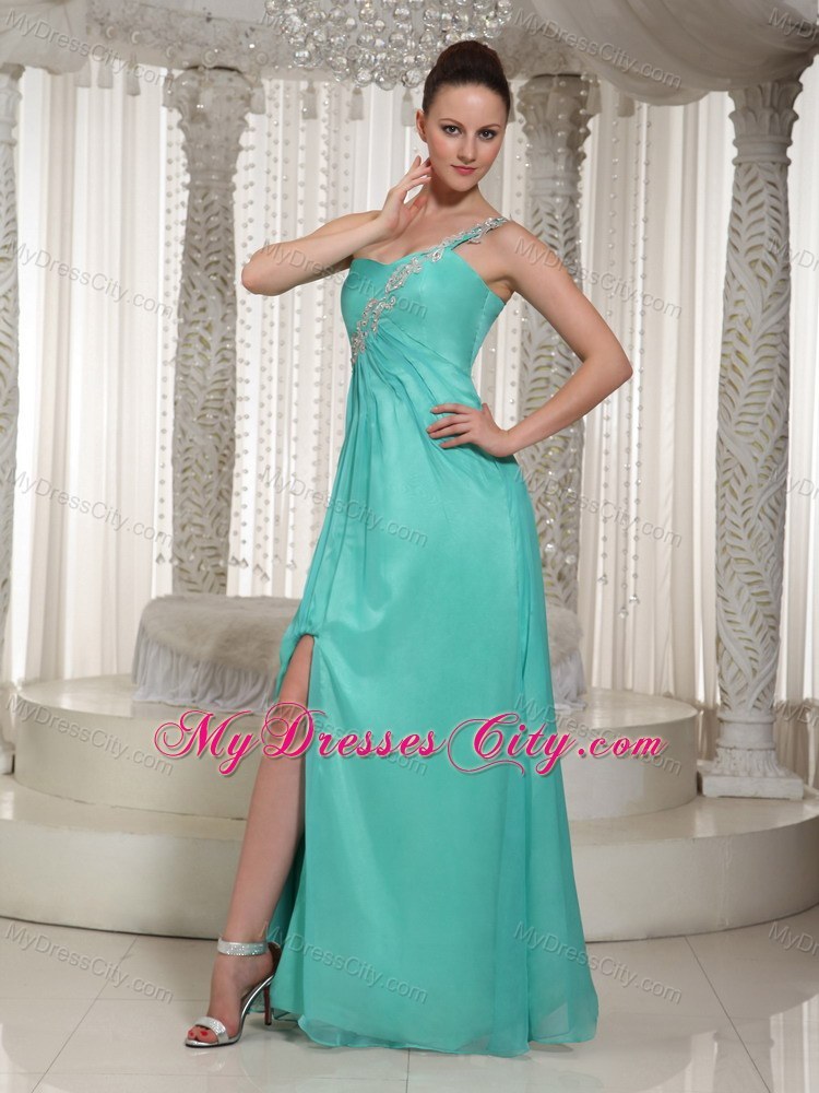 Customize Turquoise One-shoulder High Slit Prom Dress For Party