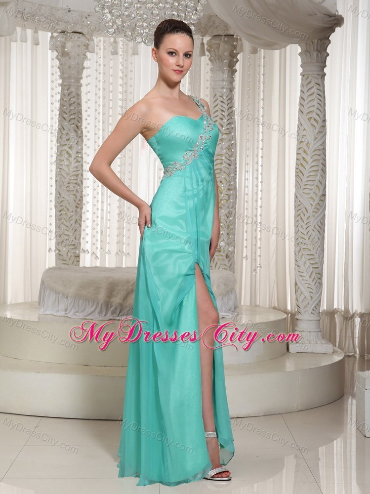 Customize Turquoise One-shoulder High Slit Prom Dress For Party