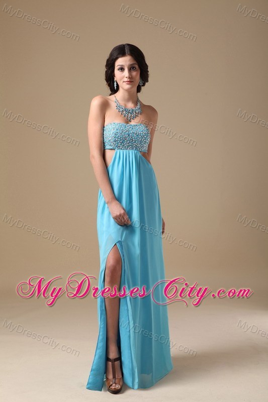 Sexy Aqua Empire Floor-length Chiffon Prom Gown with Beaded Bust