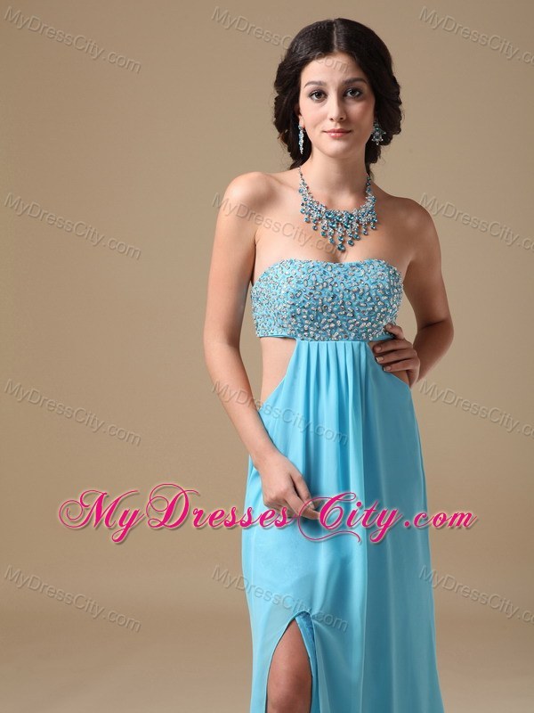 Sexy Aqua Empire Floor-length Chiffon Prom Gown with Beaded Bust