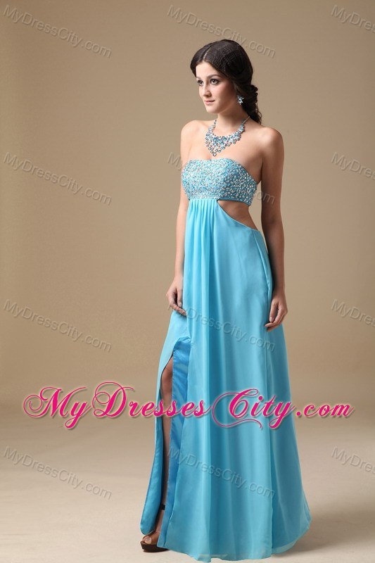 Sexy Aqua Empire Floor-length Chiffon Prom Gown with Beaded Bust