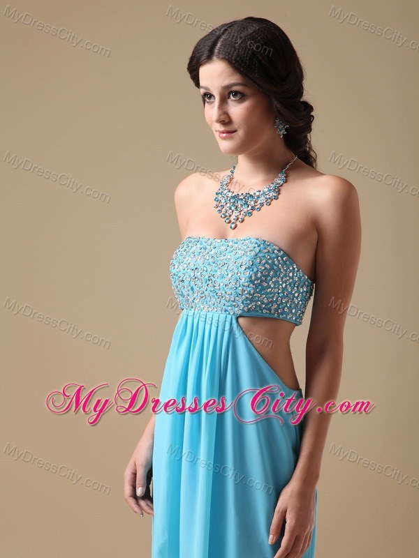 Sexy Aqua Empire Floor-length Chiffon Prom Gown with Beaded Bust