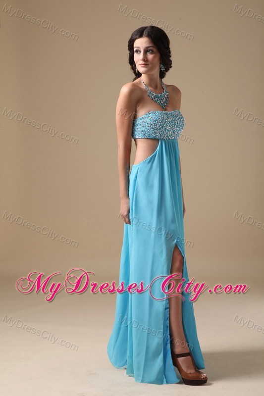 Sexy Aqua Empire Floor-length Chiffon Prom Gown with Beaded Bust