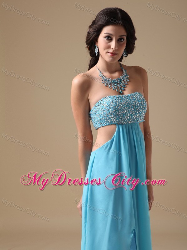 Sexy Aqua Empire Floor-length Chiffon Prom Gown with Beaded Bust