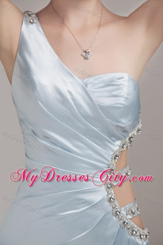 Light Blue One Shoulder Beaded Prom Dress with Cut Out Straps