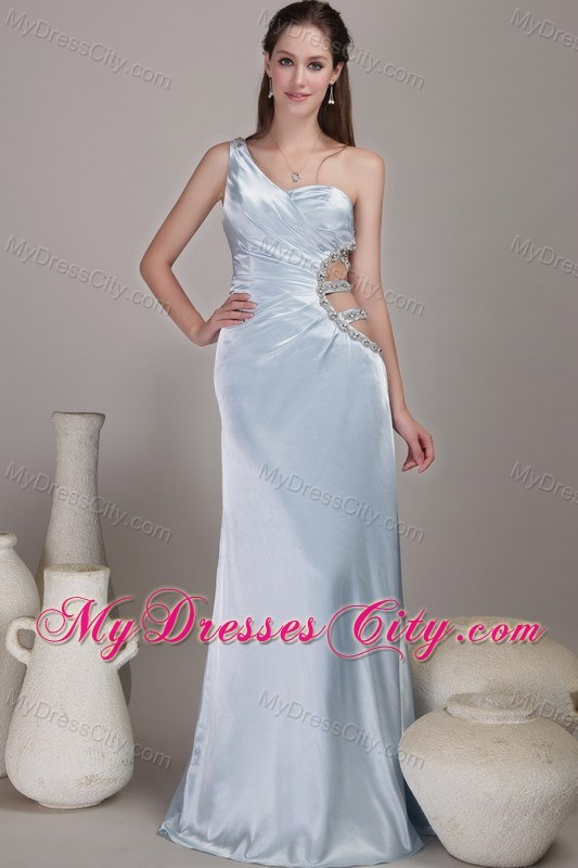 Light Blue One Shoulder Beaded Prom Dress with Cut Out Straps