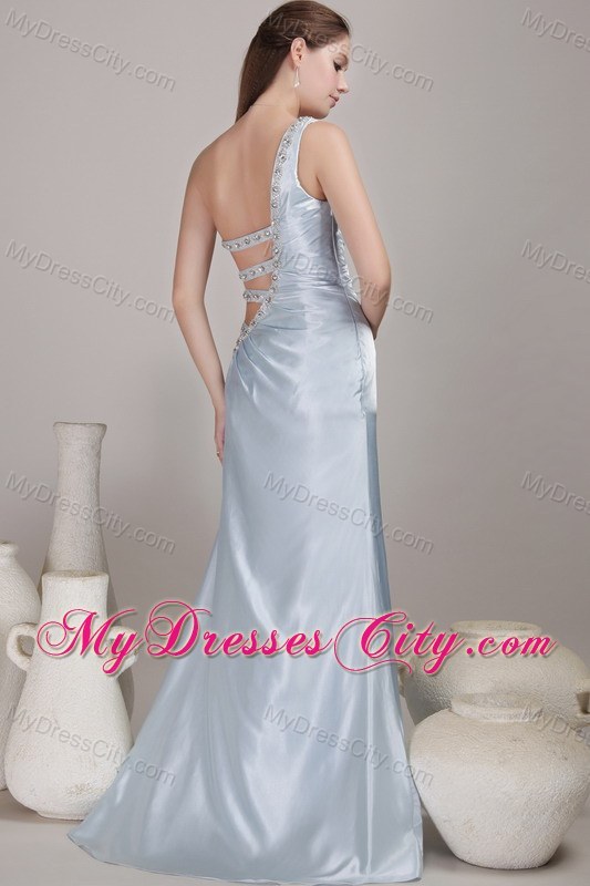 Light Blue One Shoulder Beaded Prom Dress with Cut Out Straps