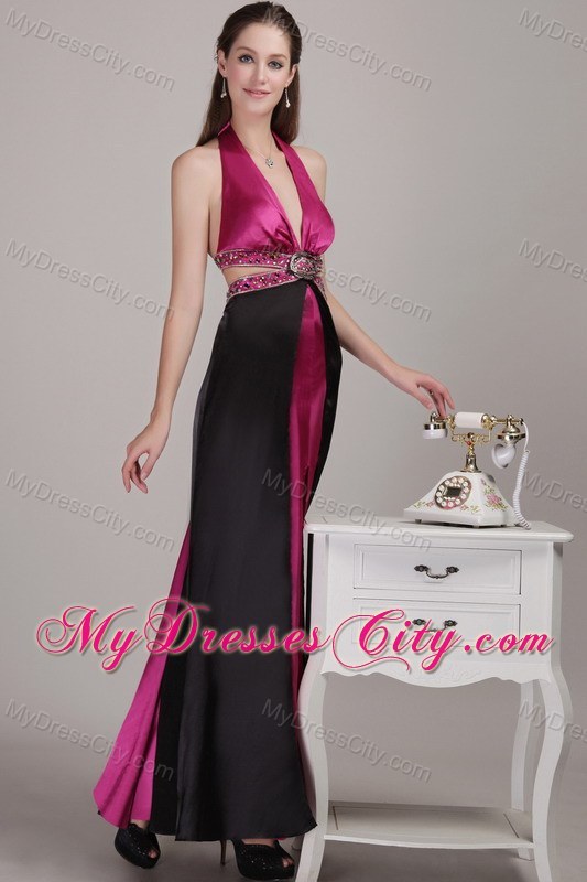 Backless Fuchsia Halter Ankle-length Prom Dress with Beading