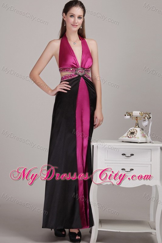 Backless Fuchsia Halter Ankle-length Prom Dress with Beading