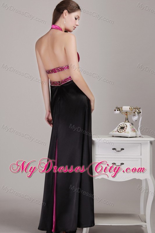 Backless Fuchsia Halter Ankle-length Prom Dress with Beading