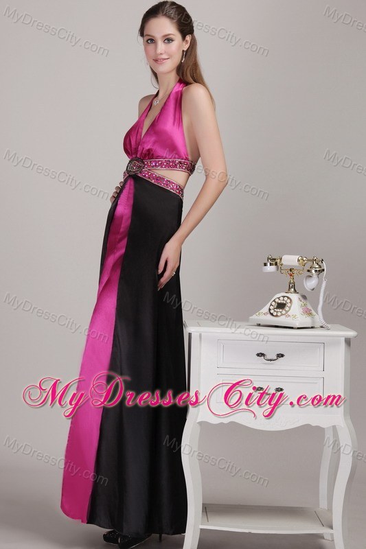 Backless Fuchsia Halter Ankle-length Prom Dress with Beading