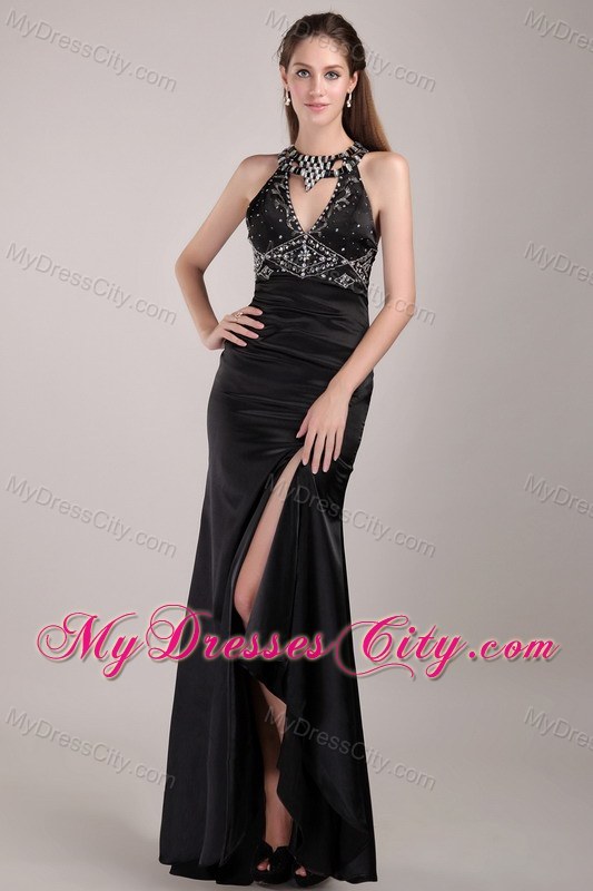 Black Column Scoop Backless Rhinestones Prom Gown with High-slit