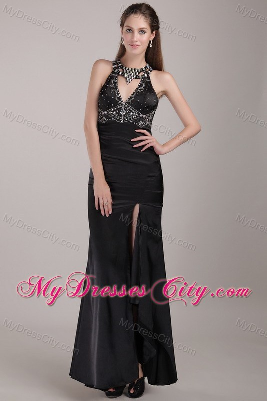 Black Column Scoop Backless Rhinestones Prom Gown with High-slit