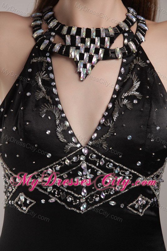 Black Column Scoop Backless Rhinestones Prom Gown with High-slit