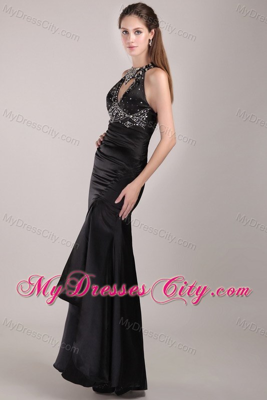 Black Column Scoop Backless Rhinestones Prom Gown with High-slit