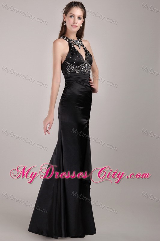 Black Column Scoop Backless Rhinestones Prom Gown with High-slit