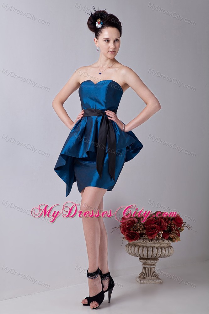 Mini-length Blue Column Sweetheart Taffeta Prom Dress with Sashes