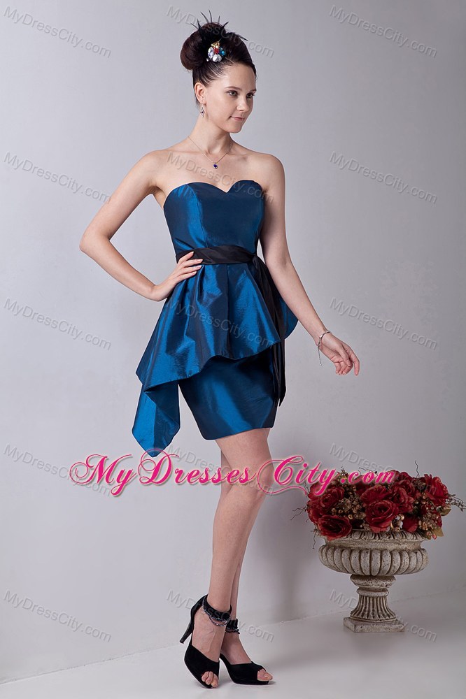 Mini-length Blue Column Sweetheart Taffeta Prom Dress with Sashes