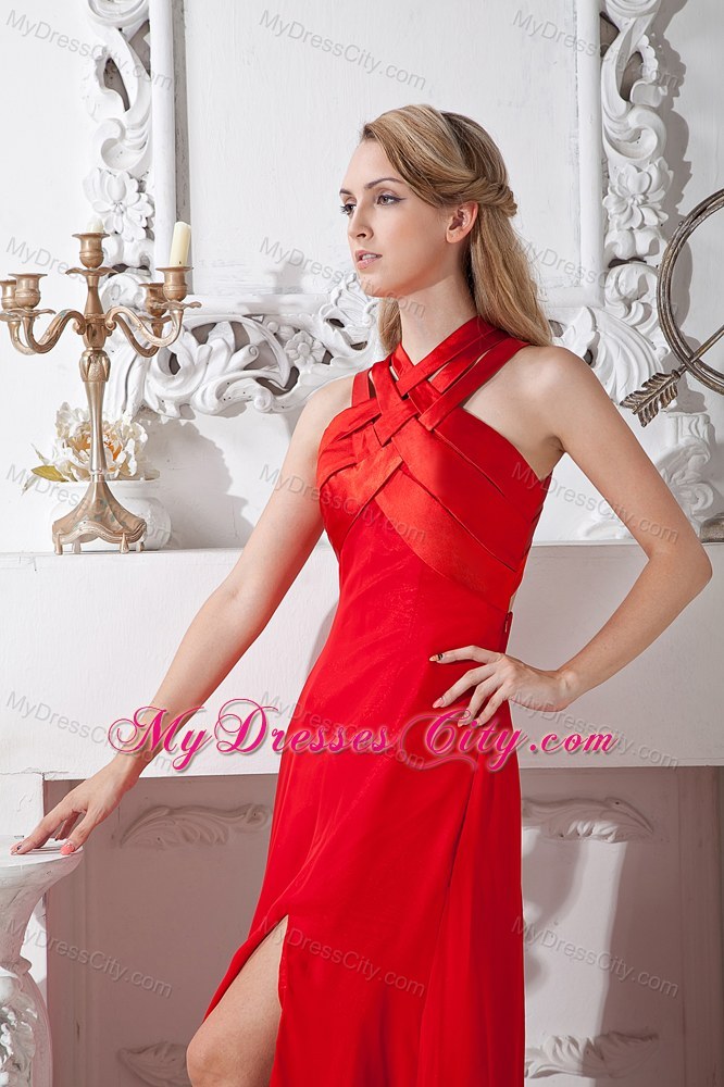 Red Floor-length Elastic Woven Satin Cross Straps Prom Dress