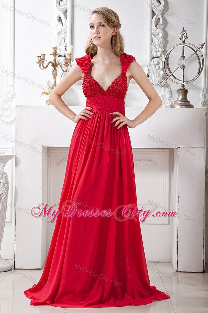 Elegant Chiffon Brush Train Red A-line V-neck Beaded Prom Dress