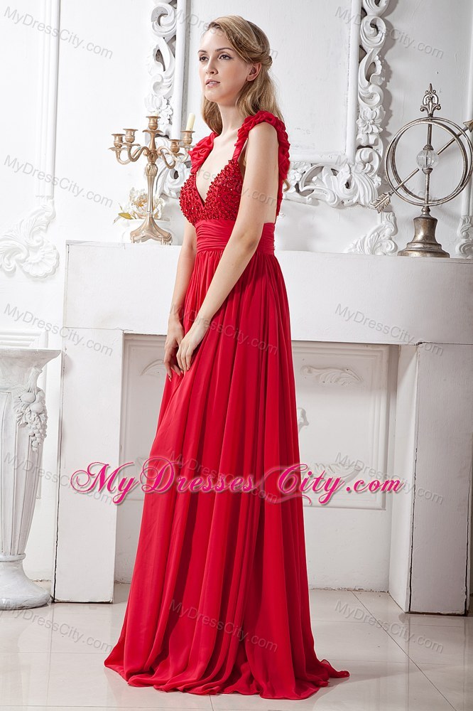 Elegant Chiffon Brush Train Red A-line V-neck Beaded Prom Dress