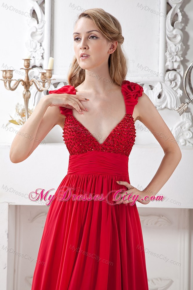 Elegant Chiffon Brush Train Red A-line V-neck Beaded Prom Dress