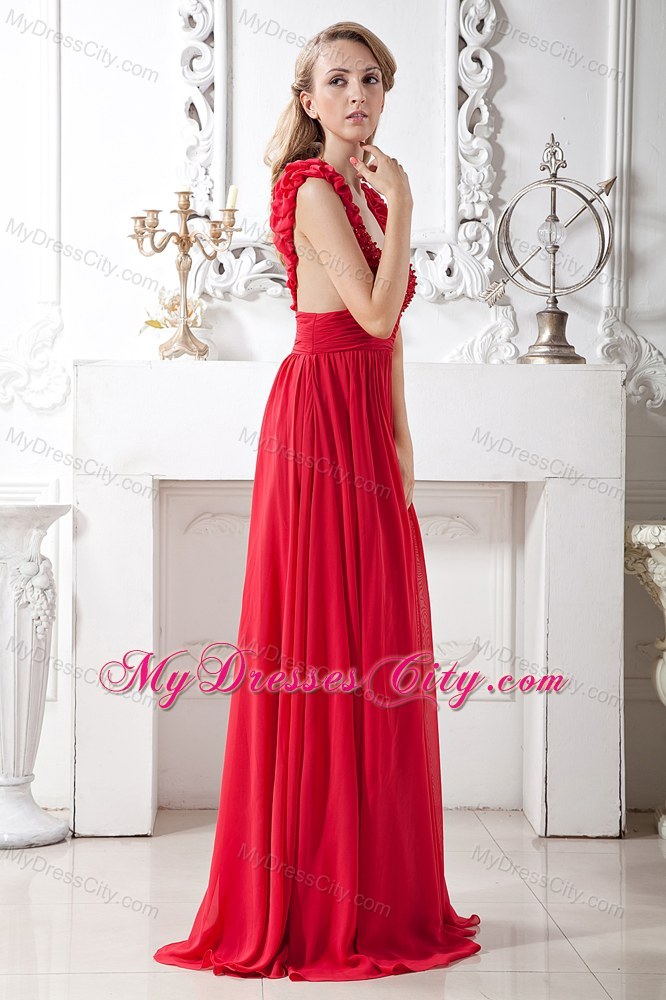 Elegant Chiffon Brush Train Red A-line V-neck Beaded Prom Dress