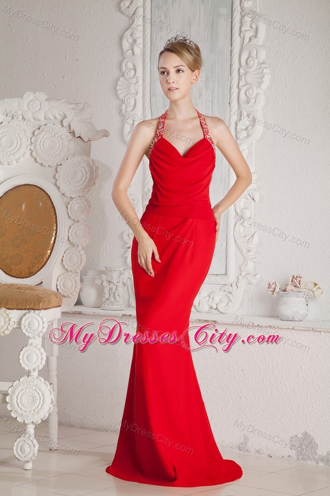 Red Mermaid Floor-length Halter Ruched and Beaded Prom Dress