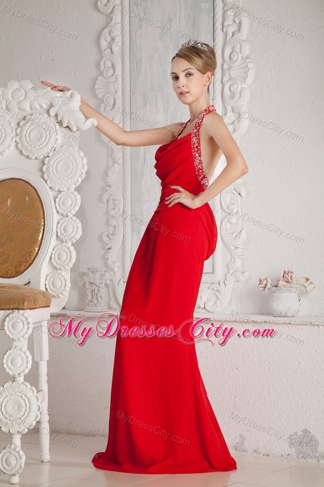 Red Mermaid Floor-length Halter Ruched and Beaded Prom Dress