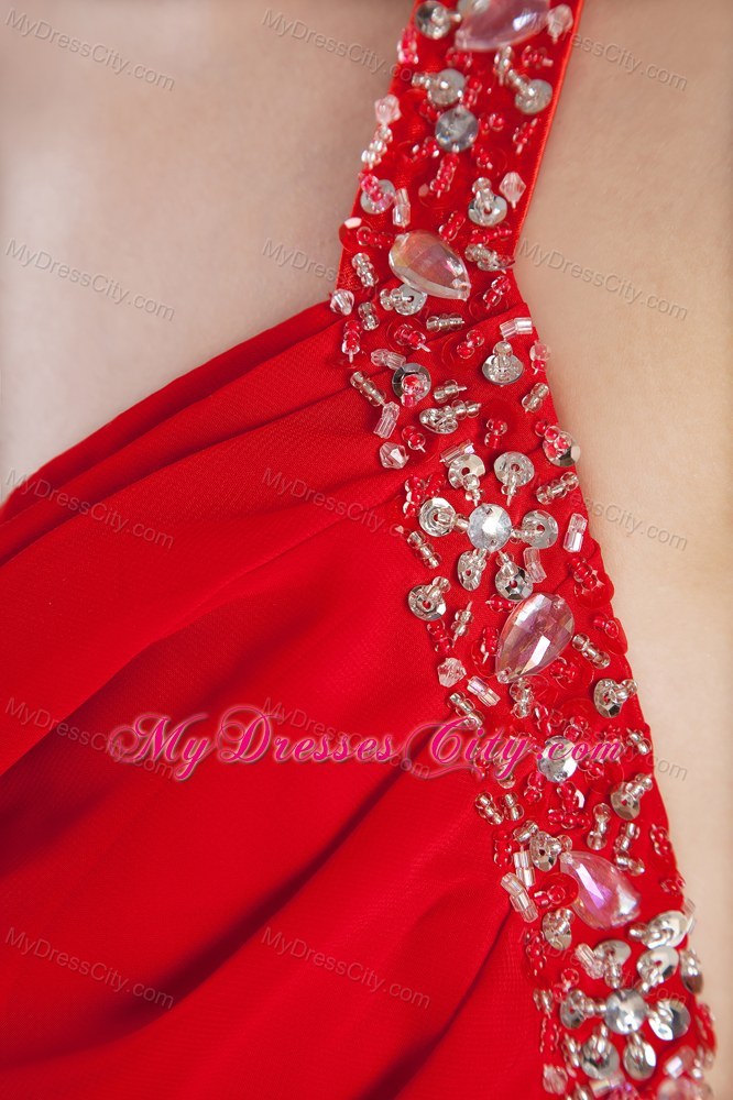 Red Mermaid Floor-length Halter Ruched and Beaded Prom Dress