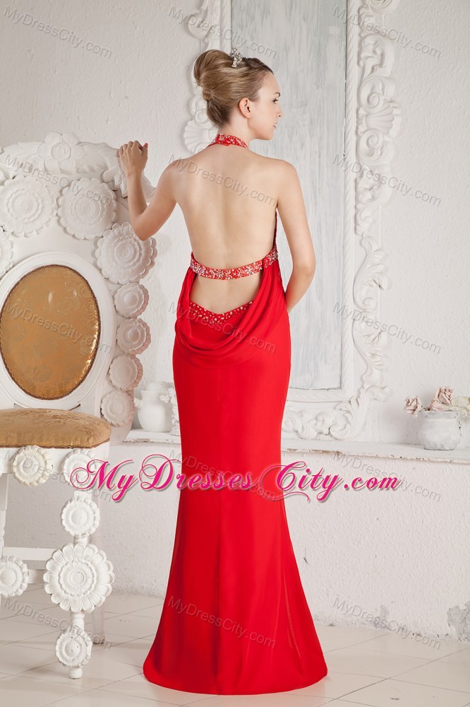 Red Mermaid Floor-length Halter Ruched and Beaded Prom Dress