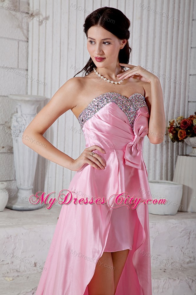 Pink Beading Sweetheart High-low Taffeta Prom Dress with Bowknot