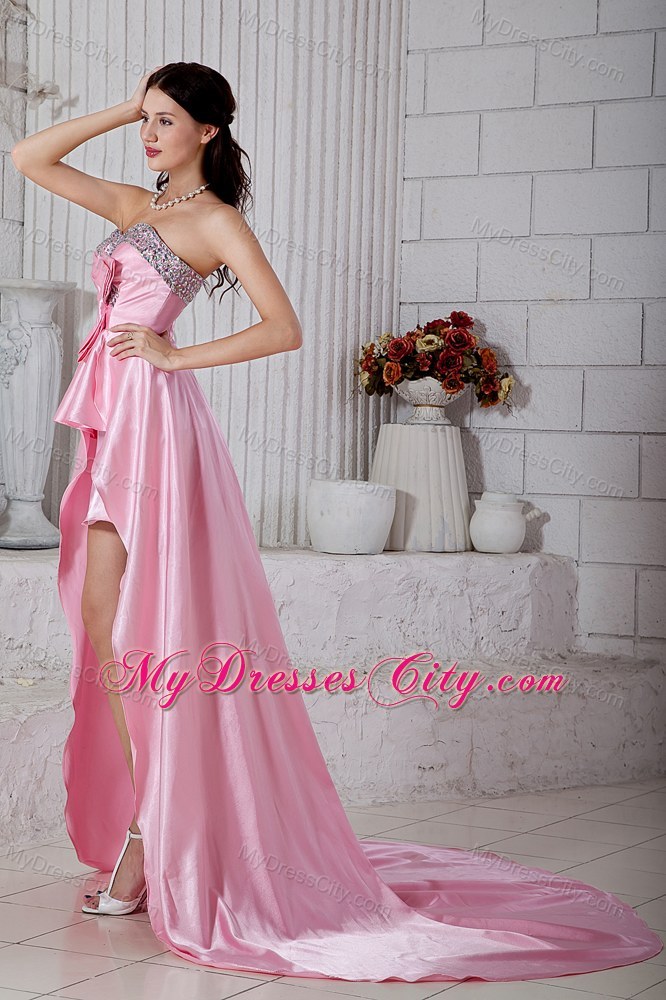 Pink Beading Sweetheart High-low Taffeta Prom Dress with Bowknot